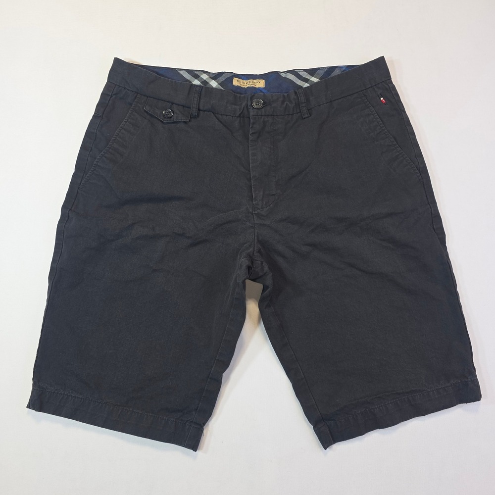Burberry London England Men's Navy Blue Cotton Chino Shorts Size 34 Check Lining
